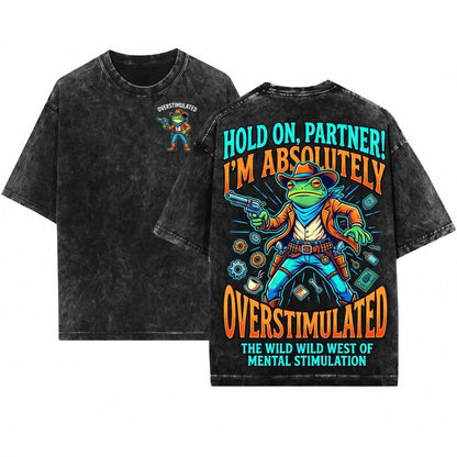 Hold On Partner Im Overstimulated Cowboy Frog Unhinged Weirdcore Gen Z Funny Meme Clothing Unisex Wash T-Shirt