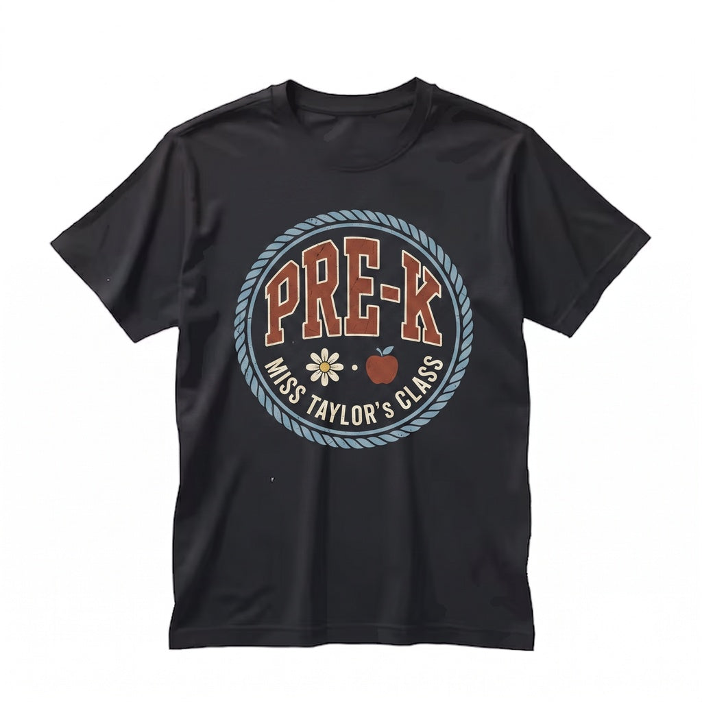 Custom Pre-K Teacher Preschool Grade Matching Group Floral Blue Faux Patchwork Educator Back to School Unisex TShirt