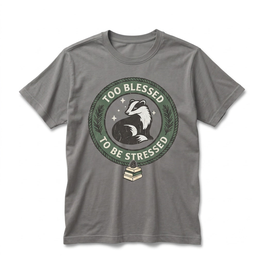 Too Blessed To Be Stressed Fabulous Badger Embroidered Funny Positive Quote Apparel Graphic Tops Unisex TShirt