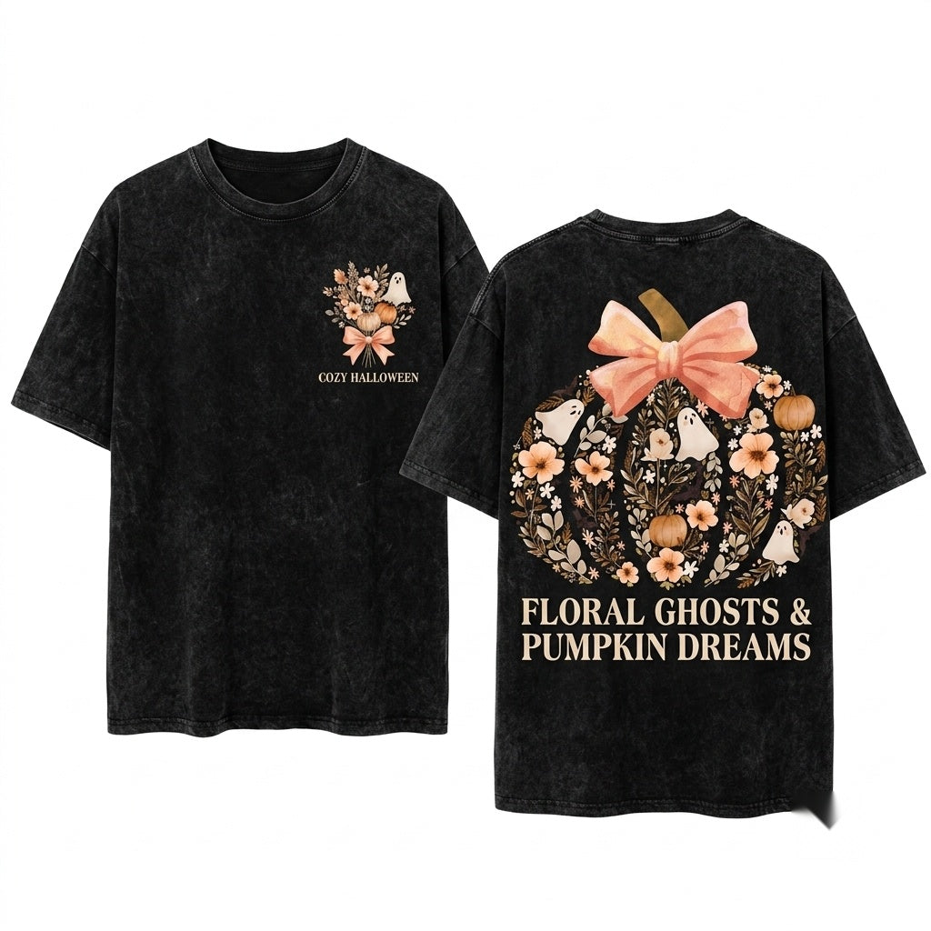 Vintage Floral Fall Pumpkin Ghost Bow Halloween Unisex Wash T-Shirt