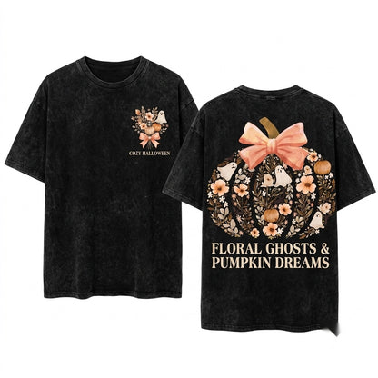 Vintage Floral Fall Pumpkin Ghost Bow Halloween Unisex Wash T-Shirt