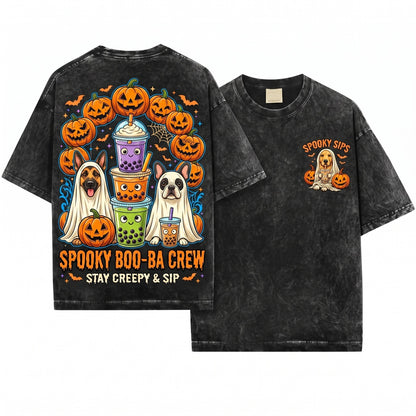Customized Dog Breeds Halloween Funny Pumpkin Coffee Trick or Treat Cute Costume Unisex Wash T-Shirt