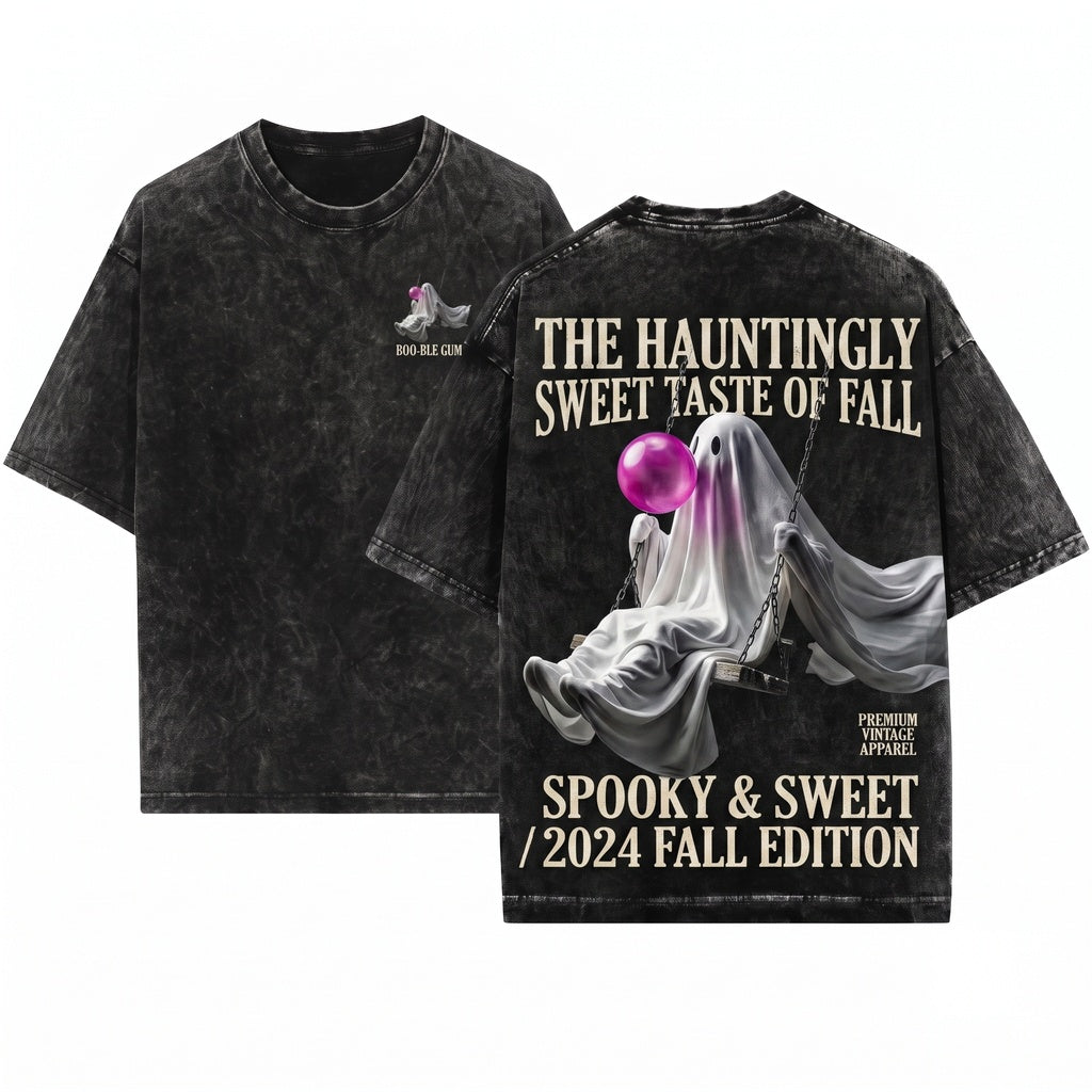 Funny Ghost Sitting Ferris Wheel Blowing Bubbles Halloween Fall Vibes Graphic Unisex Wash T-Shirt