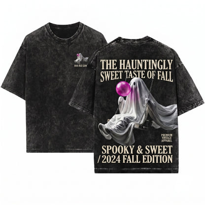 Funny Ghost Sitting Ferris Wheel Blowing Bubbles Halloween Fall Vibes Graphic Unisex Wash T-Shirt