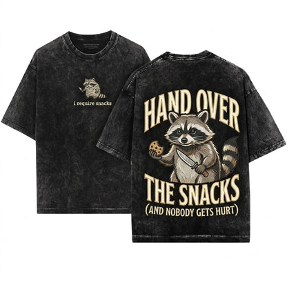 I Require Snacks Embroidered Raccoon Tee – Funny Shirt, Goblincore Animal Lover Gift, Cozy Snack Gremlin Tee