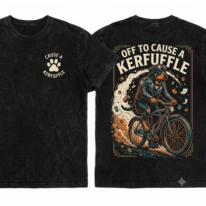 Funny Rottweiler Bicycle Off To Cause A Kerfuffle Vintage Dog Humor Mom Or Dad Gift Unisex Heavyweight Garment-Dyed T-Shirt