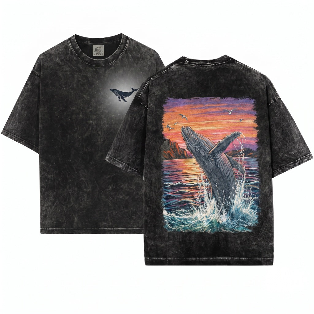 Vintage Humpback Whale Sunset Graphic Breaching Ocean Giant Retro Marine Life Aesthetic Gift Unisex Wash T-Shirt
