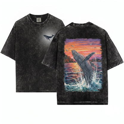 Vintage Humpback Whale Sunset Graphic Breaching Ocean Giant Retro Marine Life Aesthetic Gift Unisex Wash T-Shirt