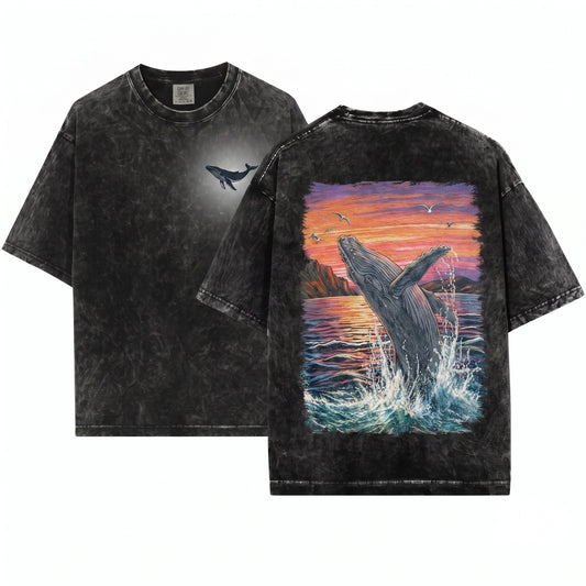Vintage Humpback Whale Sunset Graphic Breaching Ocean Giant Retro Marine Life Aesthetic Gift Unisex Wash T-Shirt