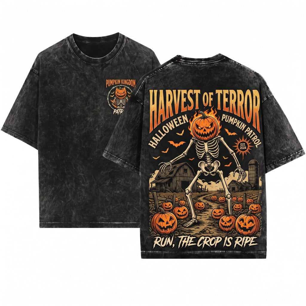 Terror in Patch Retro Halloween Midnight Harvest Pumpkin Monster Vintage Spooky Season Graphic Unisex Wash T-Shirt
