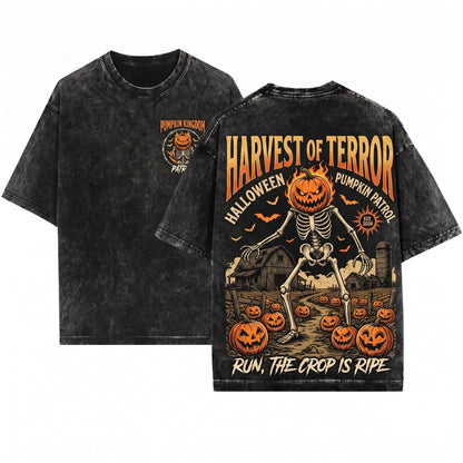 Terror in Patch Retro Halloween Midnight Harvest Pumpkin Monster Vintage Spooky Season Graphic Unisex Wash T-Shirt
