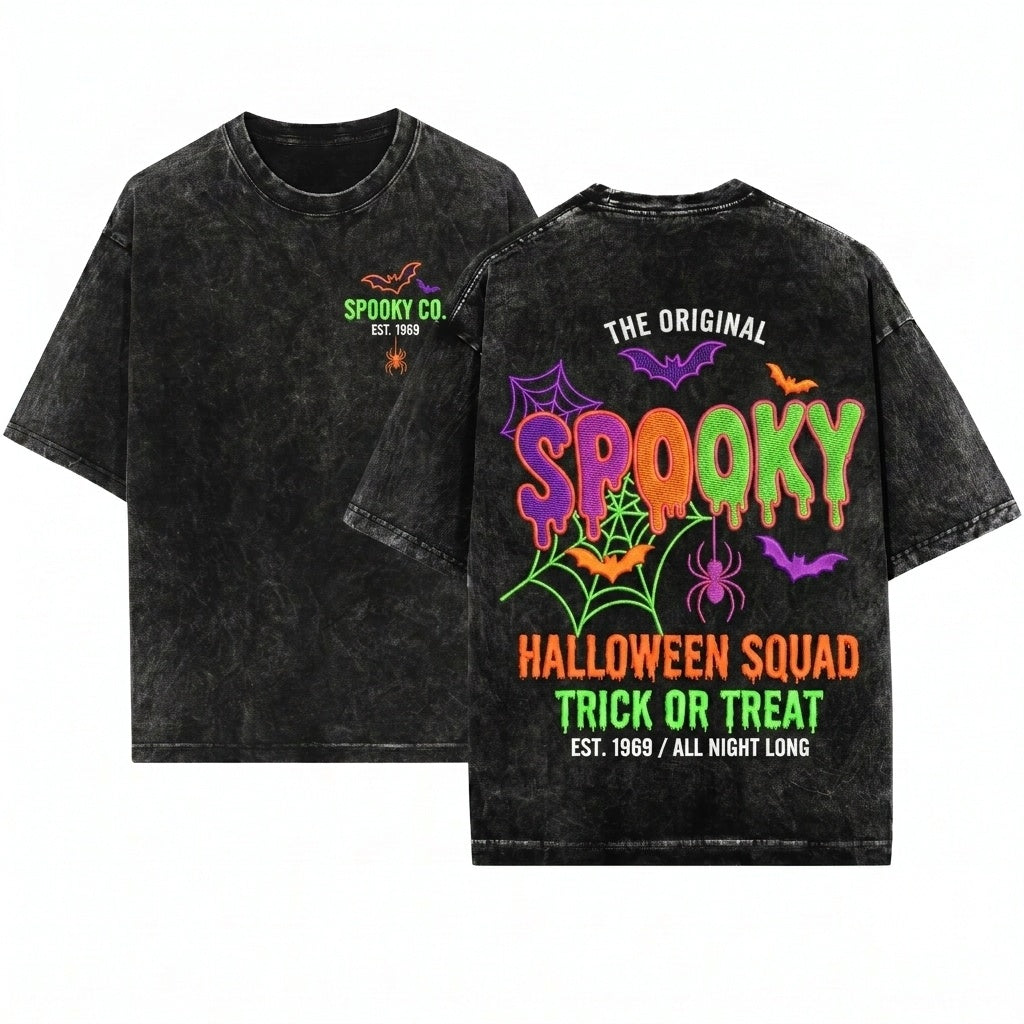 Spooky Halloween Embroidered Gothic Bat Spider Black Fall Cozy Witchy Gift Unisex Wash T-Shirt