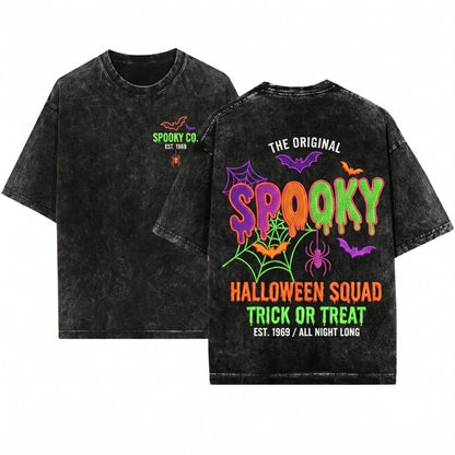 Spooky Halloween Embroidered Gothic Bat Spider Black Fall Cozy Witchy Gift Unisex Wash T-Shirt