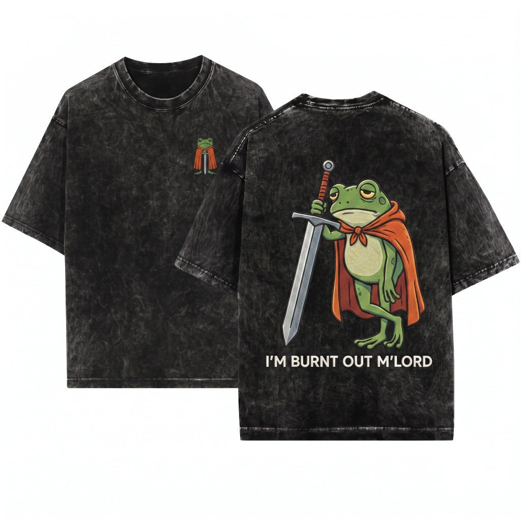Embroidered Frog Knight Burnout Mood Funny Vintage Unisex Wash T-Shirt