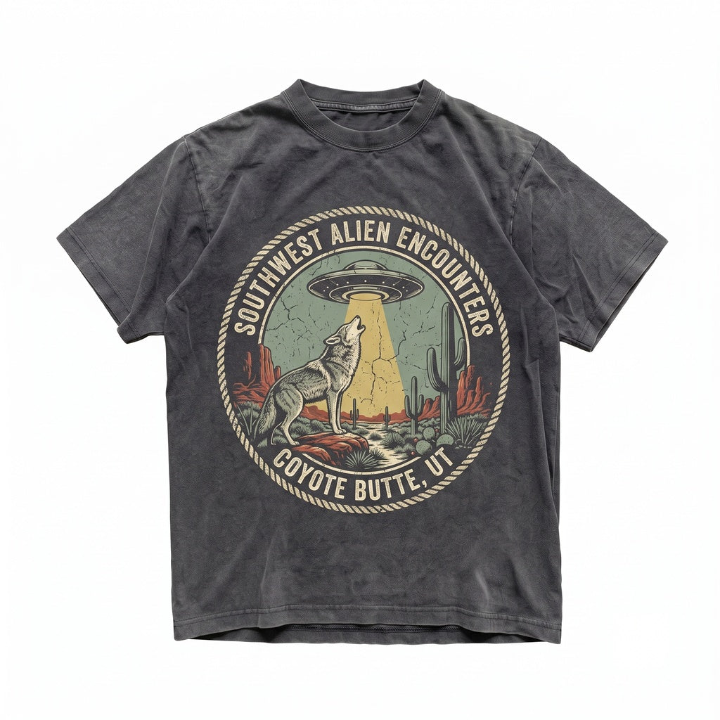 Vintage UFO Alien Abduction Graphic Retro Southwest Desert Cactus Howling Wolf Gift Unisex TShirt
