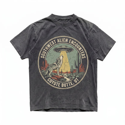 Vintage UFO Alien Abduction Graphic Retro Southwest Desert Cactus Howling Wolf Gift Unisex TShirt