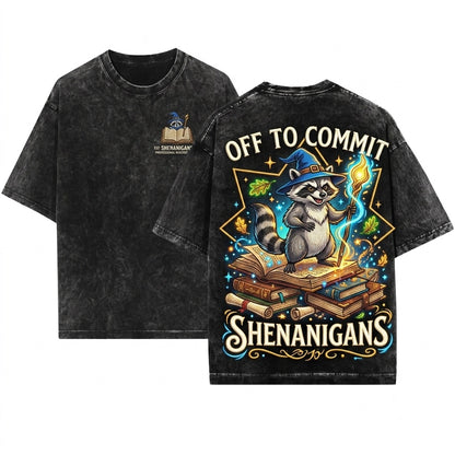 Off To Commit Shenanigans Raccoon Wizard Embroidered Funny Fantasy Ren Faire Unisex Wash T-Shirt