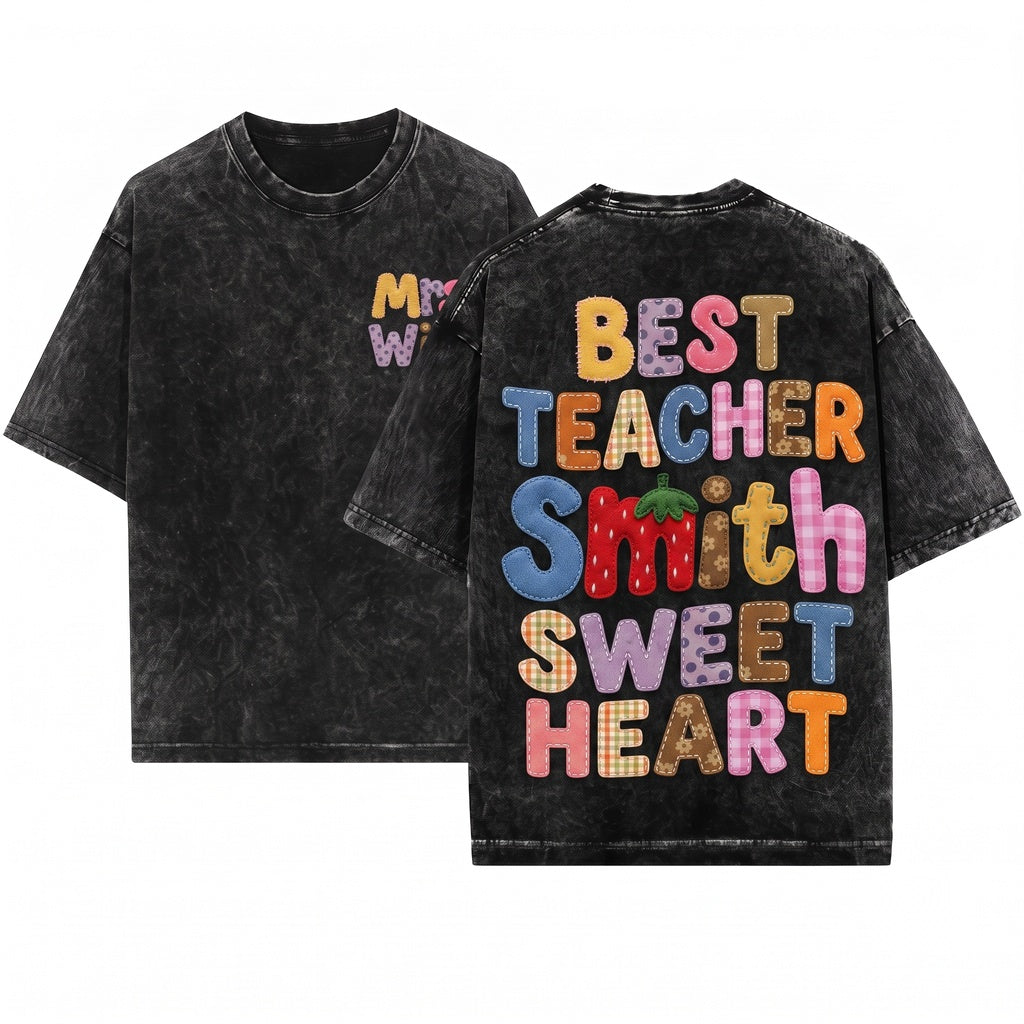 Custom Name Teacher Back To School Gift Gingham Strawberry Floral Faux Patchwork Unisex Wash T-Shirt