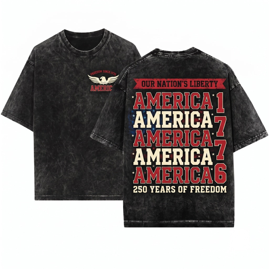 America 1776 USA 250th Year Freedom Patriotic Front Back Graphic Unisex Wash T-Shirt