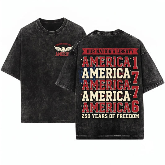 America 1776 USA 250th Year Freedom Patriotic Front Back Graphic Unisex Wash T-Shirt