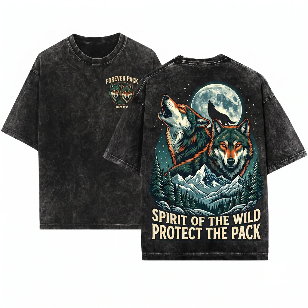 Vintage Rustic Woodland Wilderness Wildlife Wolf Couple Graphic Gift Unisex Wash T-Shirt