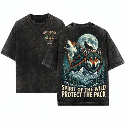 Vintage Rustic Woodland Wilderness Wildlife Wolf Couple Graphic Gift Unisex Wash T-Shirt