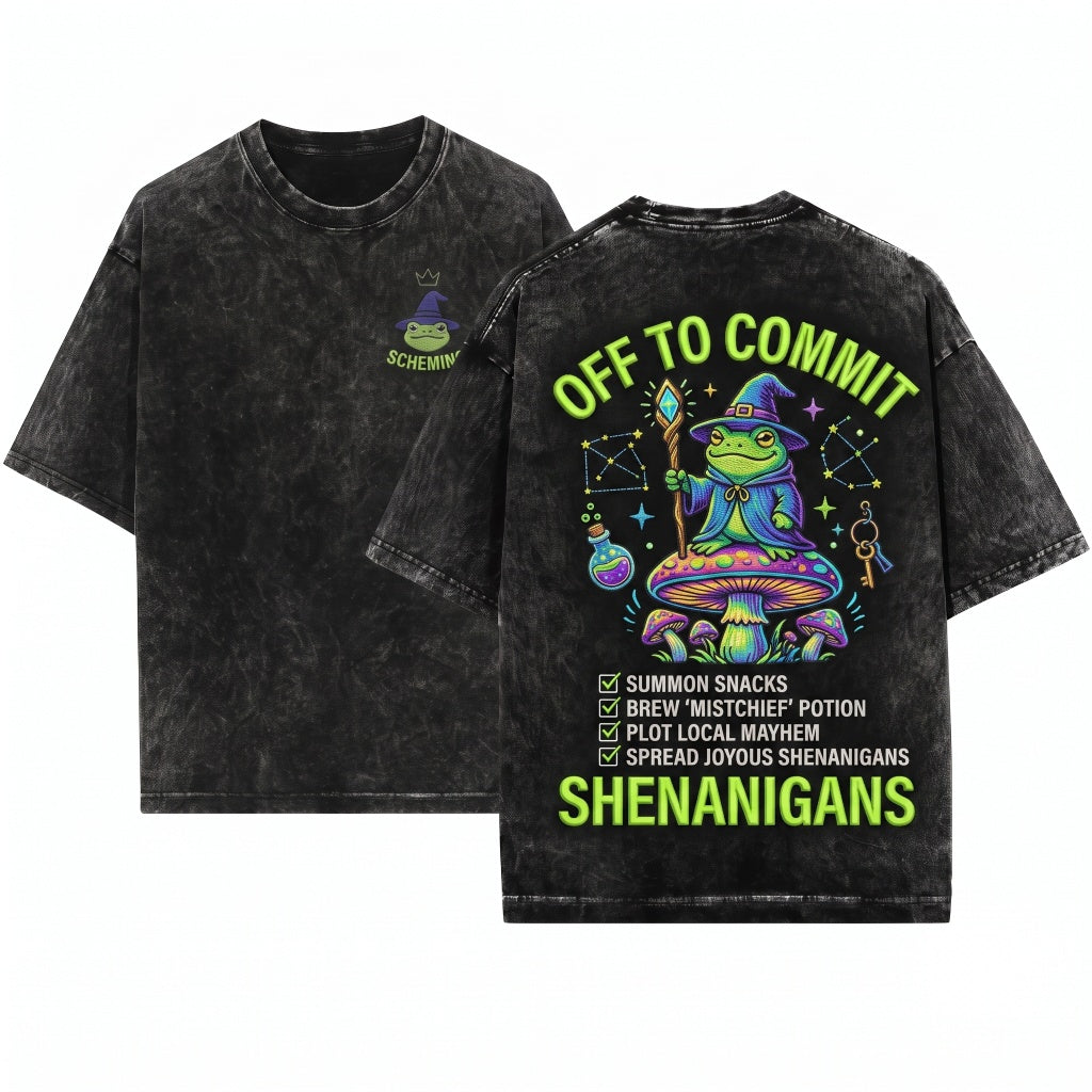 Embroidered Wizard Frog Off To Commit Shenanigans Funny Tabletop RPG Fantasy Gift Ren Faire 1717 Unisex Wash T-Shirt
