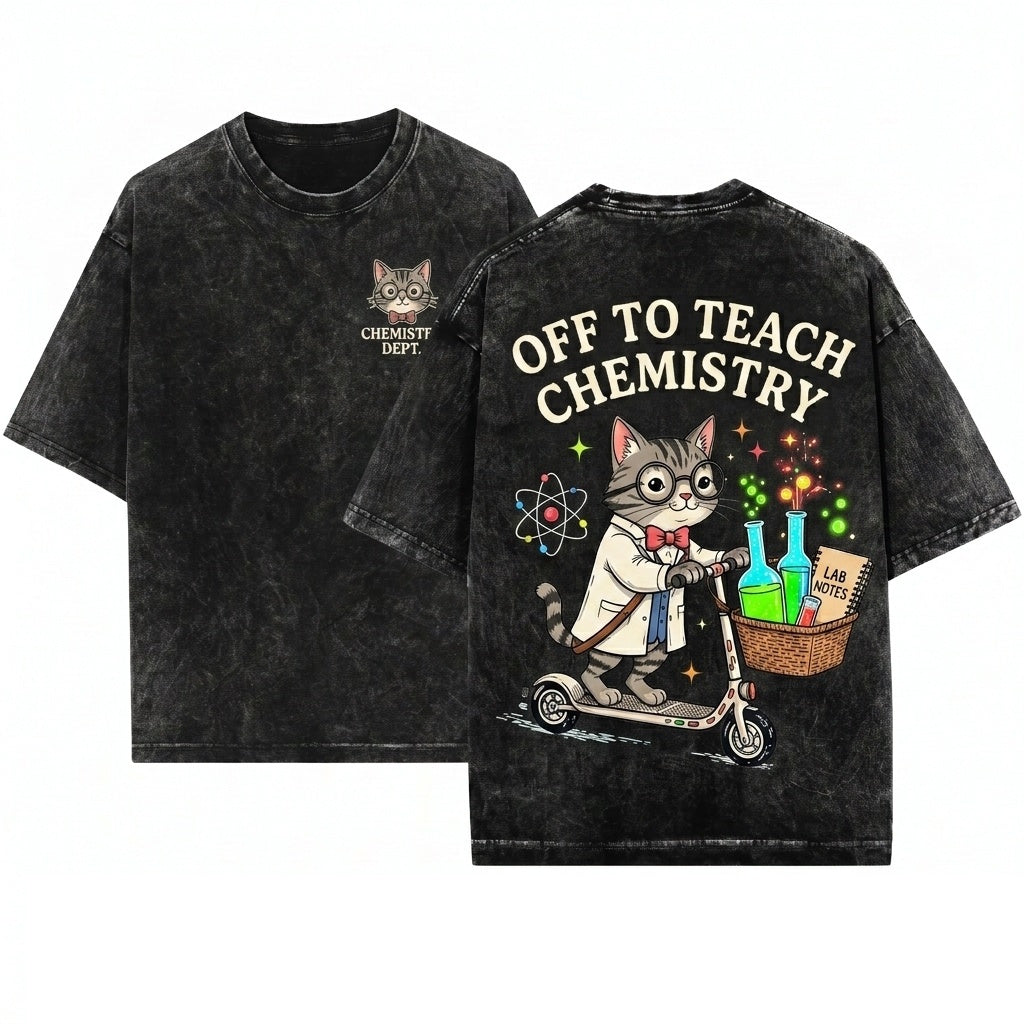 Science Cat Scooter Graphic Chemistry Teacher Lab Humor Nerdy Classroom Experiment Gift Apparel Unisex Wash T-Shirt