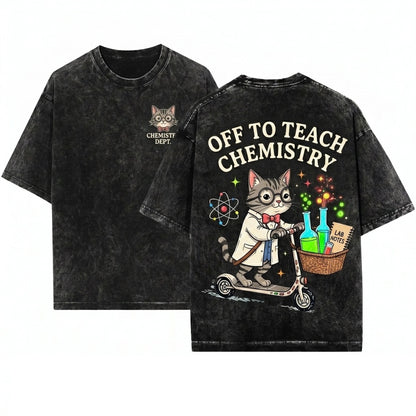 Science Cat Scooter Graphic Chemistry Teacher Lab Humor Nerdy Classroom Experiment Gift Apparel Unisex Wash T-Shirt