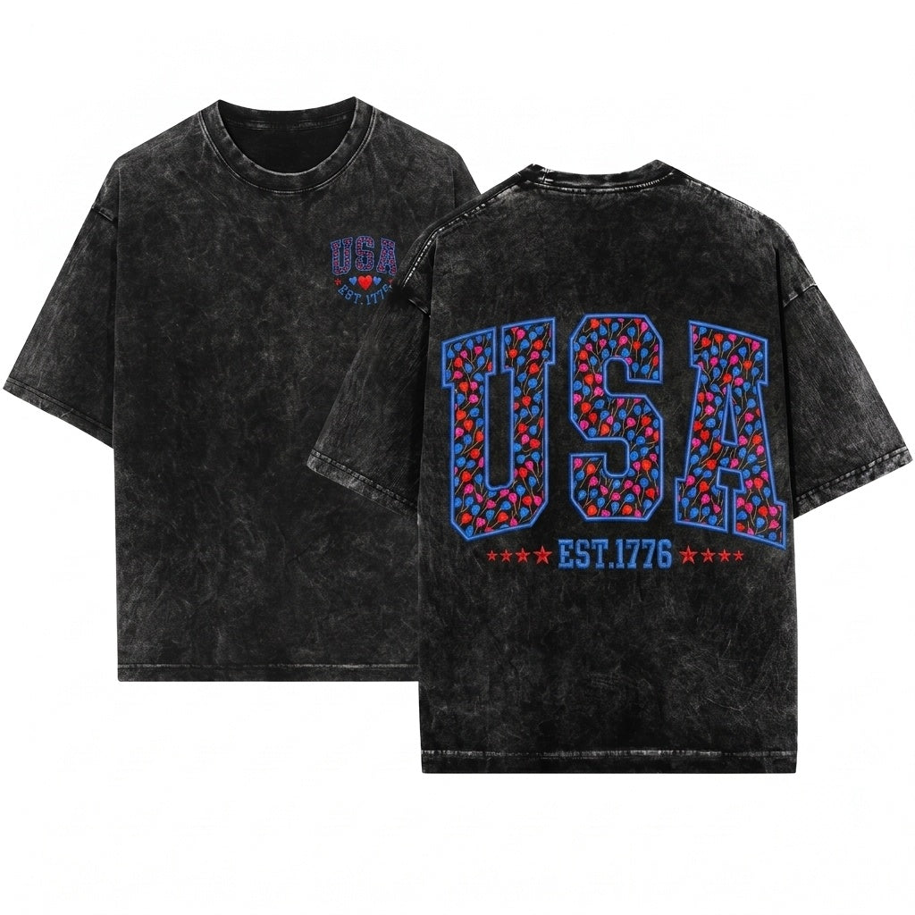 1776 USA Patriotic Faux Embroidery Preppy Hearts Balloon Varsity 4th of July Red White Blue PNG Unisex Wash T-Shirt