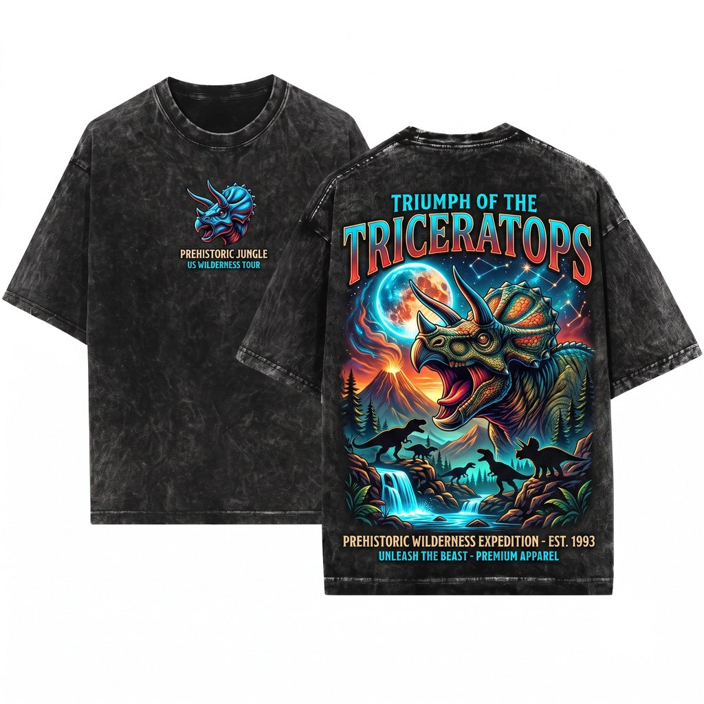 Vintage Moonlit Forest Triceratops Dark Fantasy Prehistoric Dino Gift Unisex Wash T-Shirt