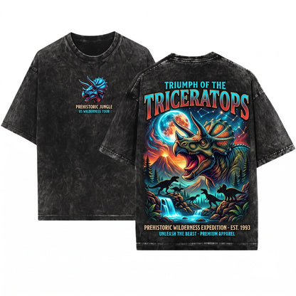 Vintage Moonlit Forest Triceratops Dark Fantasy Prehistoric Dino Gift Unisex Wash T-Shirt