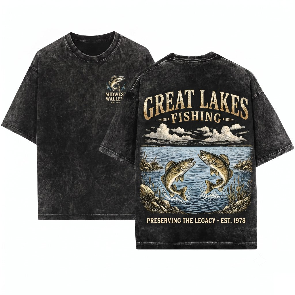 Great Lakes Fishing Retro 90s Freshwater Tradition Artistic Walleye Nature Top Vintage Fisherman Gift Unisex Wash T-Shirt