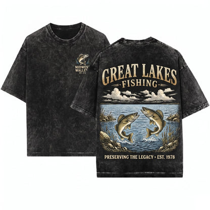 Great Lakes Fishing Retro 90s Freshwater Tradition Artistic Walleye Nature Top Vintage Fisherman Gift Unisex Wash T-Shirt