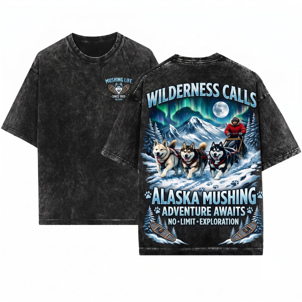 Alaska Husky Dog Sledding Mushing Northern Lights Winter Adventure Snowy Mountain Full Moon Unisex Wash T-Shirt