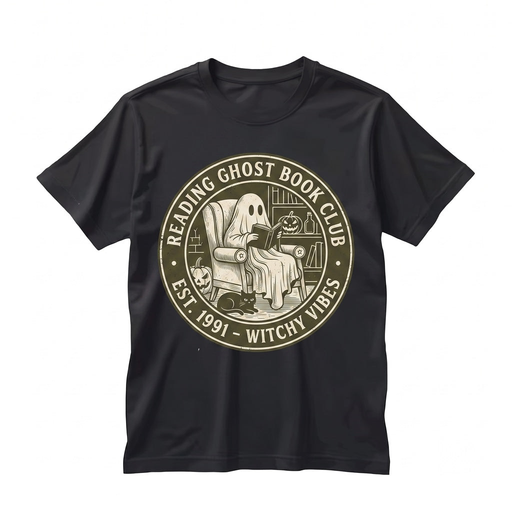 Cozy Ghost Reading Halloween Library Bookshelf Book Lover Graphic Unisex TShirt