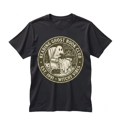Cozy Ghost Reading Halloween Library Bookshelf Book Lover Graphic Unisex TShirt