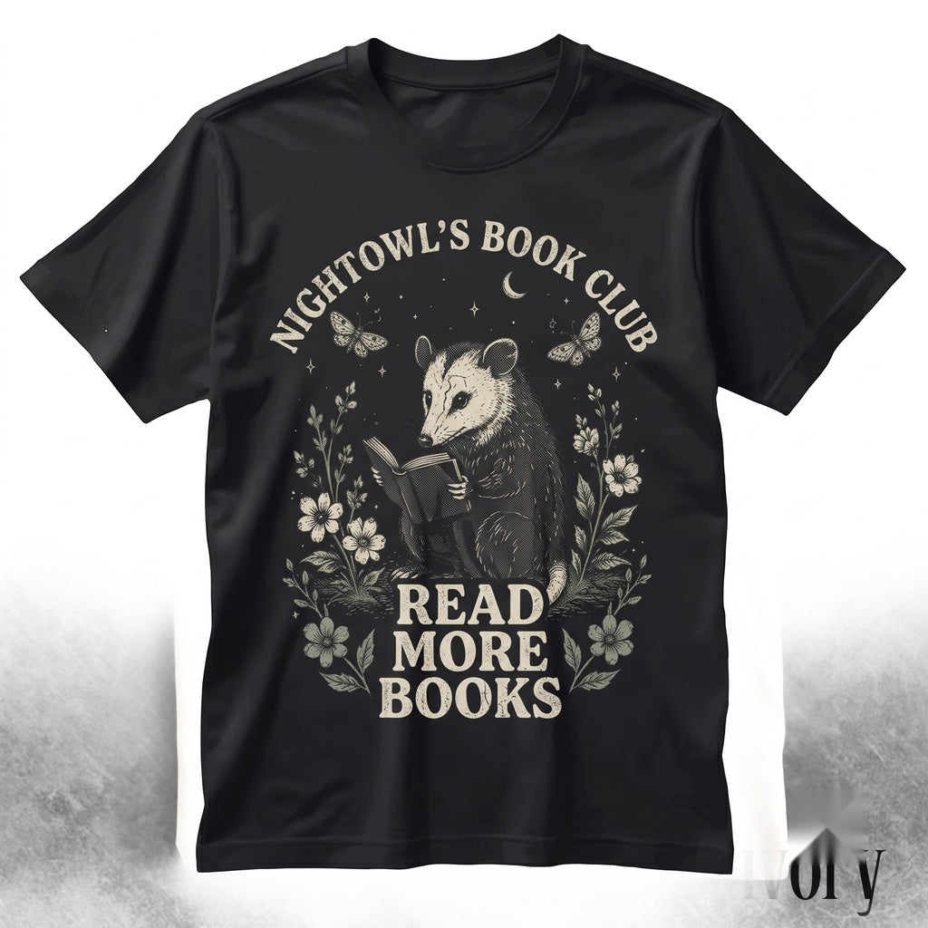 Vintage Reading Opossum Graphic Cute Book Lover Woodland Animal Cozy Nature Aesthetic Reader Gift Unisex TShirt