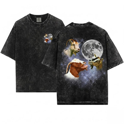 Retro Three Goats Vintage Moon Funny Oversized Graphic Silly Lovers Gift Unisex Wash T-Shirt