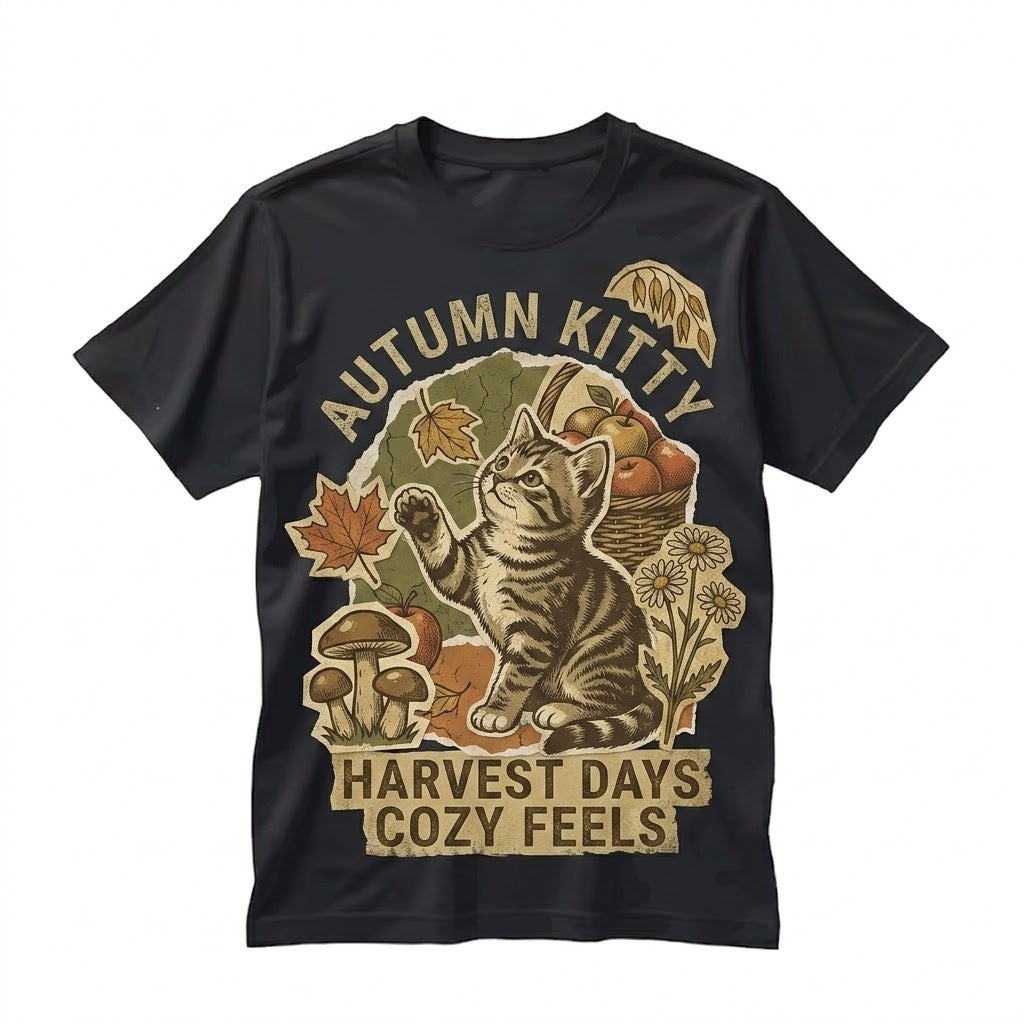 90s Nostalgia Cozy Season Pumpkin Autumn Lover Vintage Kitten With Apples Thanksgiving Unisex TShirt