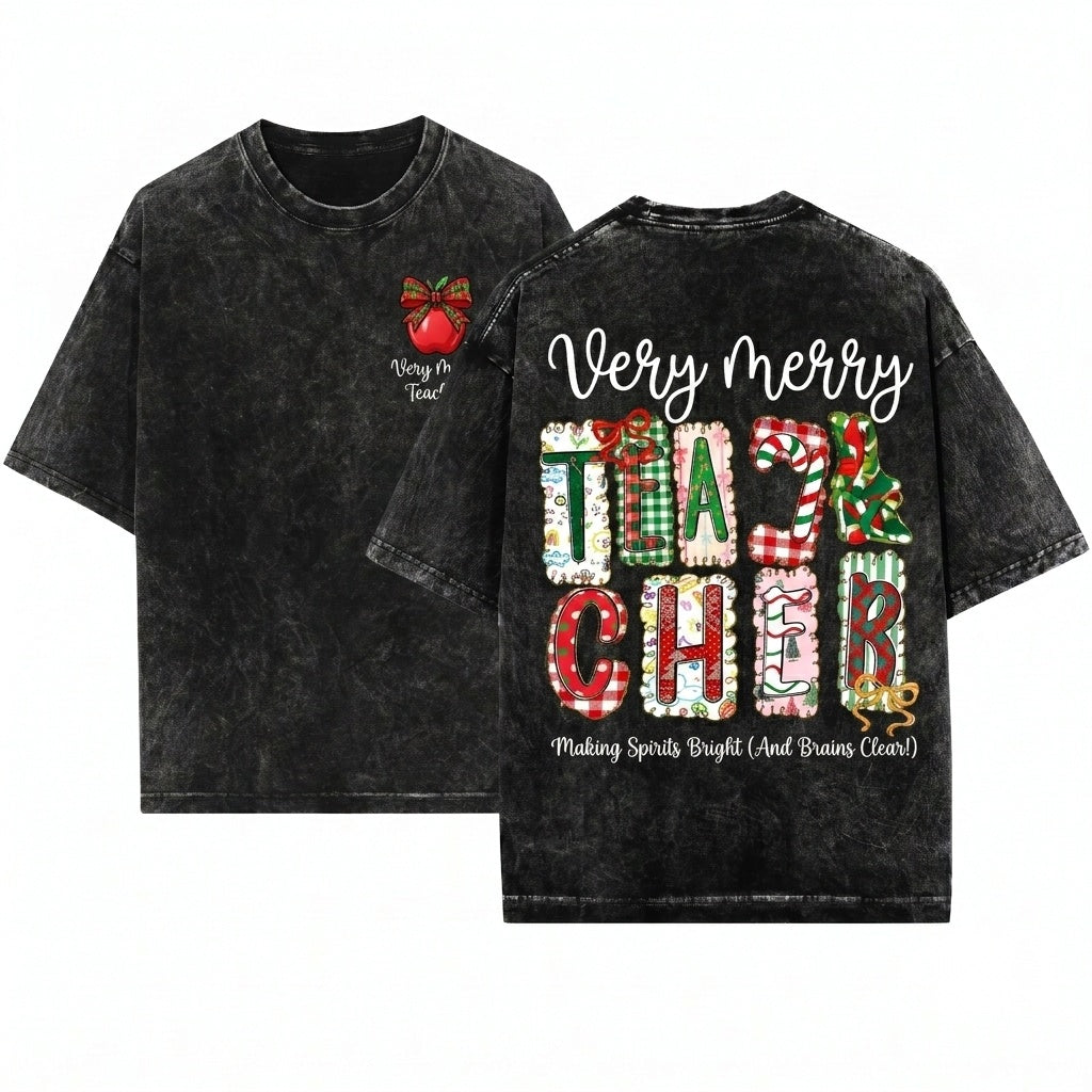 Merry Christmas Teacher PNG Preppy Leopard Plaid Holiday Life Educator Graphic Gift Unisex Wash T-Shirt
