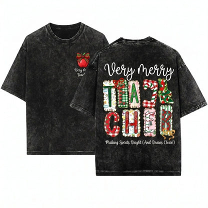 Merry Christmas Teacher PNG Preppy Leopard Plaid Holiday Life Educator Graphic Gift Unisex Wash T-Shirt