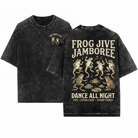 Vintage Dancing Frogs Retro Graphic Cottagecore Nature Amphibian Wildlife Unique Animal Fan Unisex Wash T-Shirt