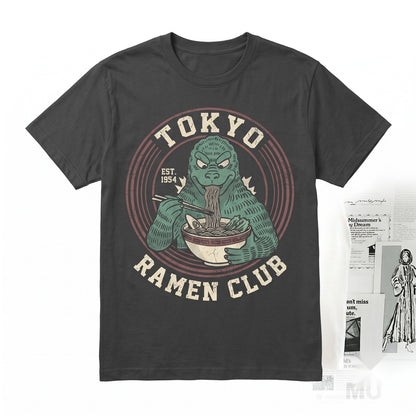 Tokyo Japanese Monster Kaiju Eating Ramen Vintage Graphic Print Cotton Unisex TShirt