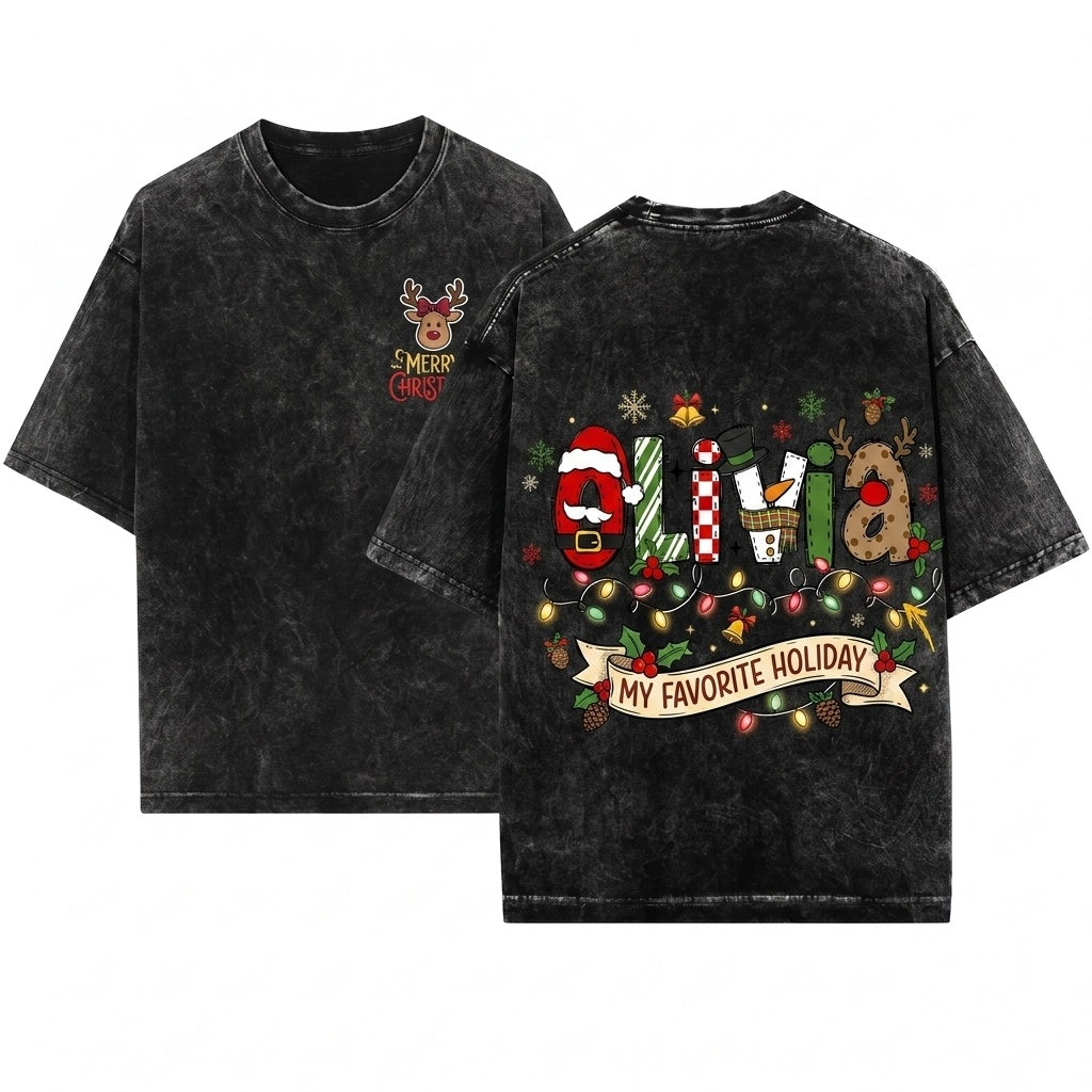Custom Name Christmas Doodles Letters Santa Snowman Reindeer Matching Unisex Wash T-Shirt