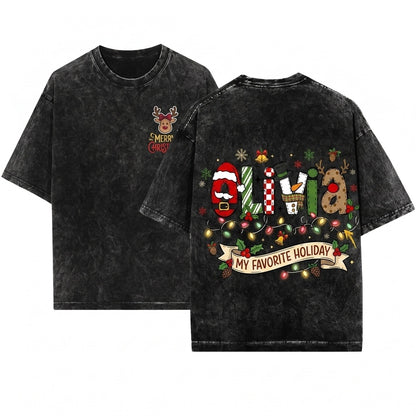 Custom Name Christmas Doodles Letters Santa Snowman Reindeer Matching Unisex Wash T-Shirt