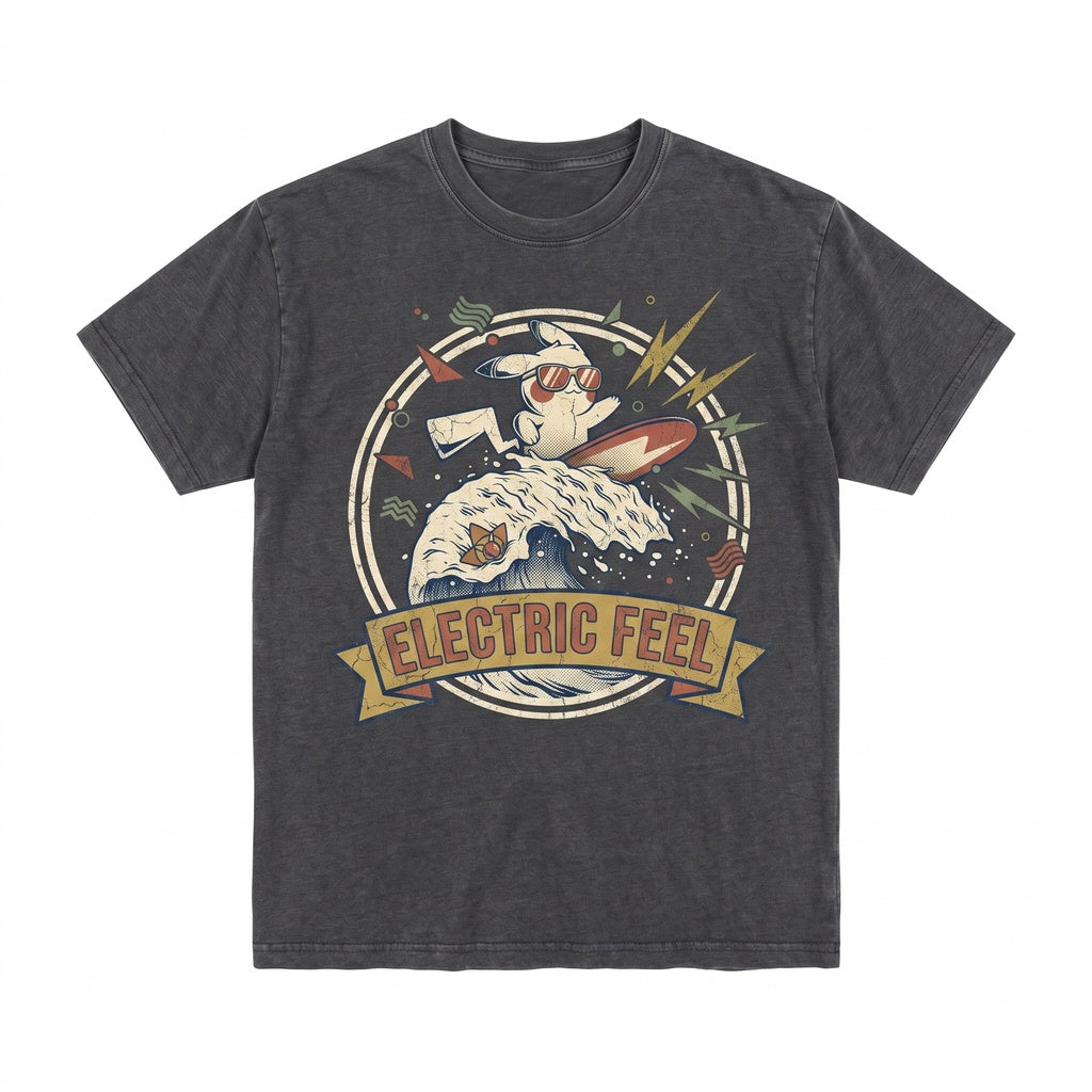 Surfing Electric Mouse Vintage Wash Retro Anime Graphic Cute Boys Girls Unisex TShirt