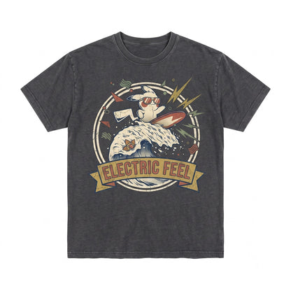 Surfing Electric Mouse Vintage Wash Retro Anime Graphic Cute Boys Girls Unisex TShirt