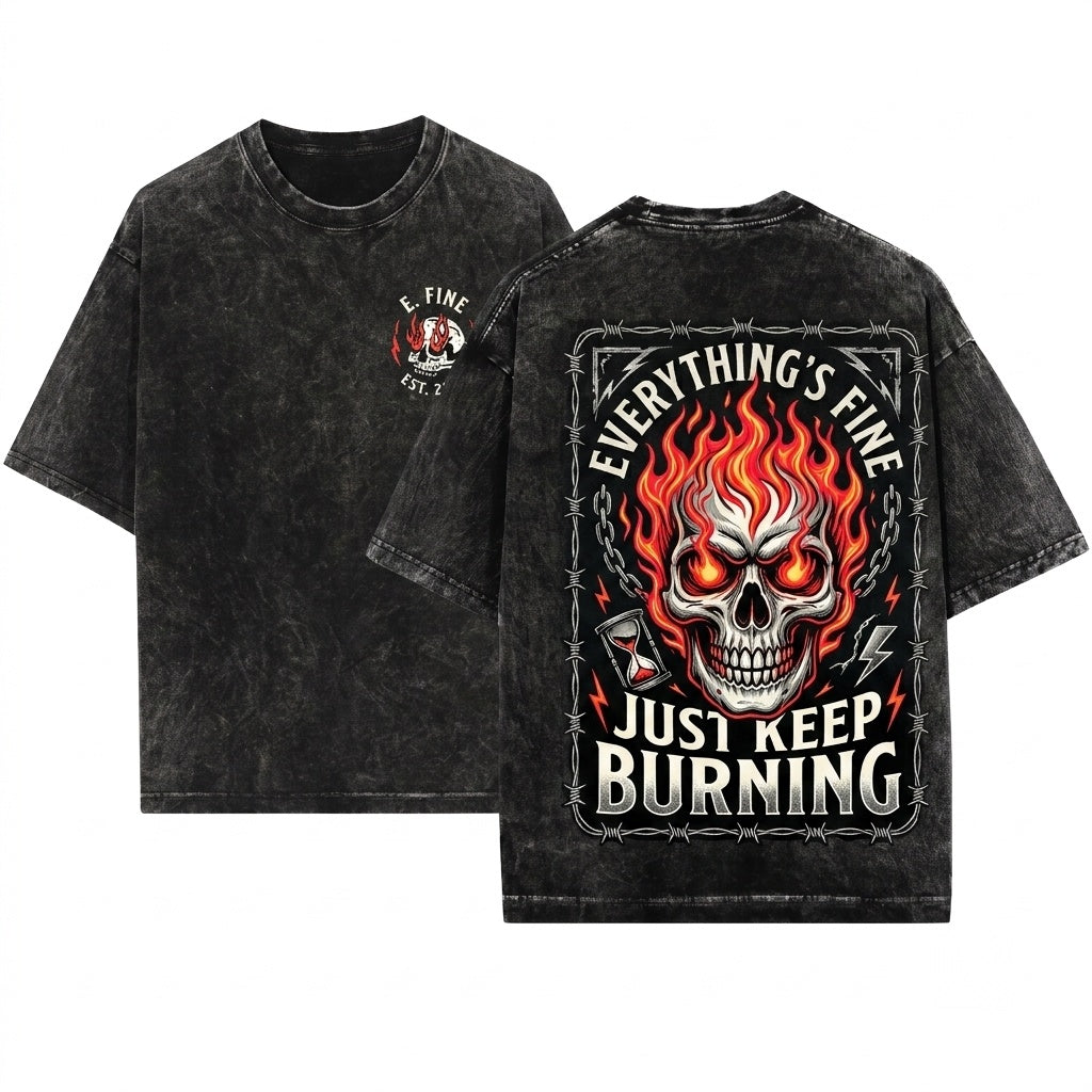 Everything Fine Cropped Boxy Top Retro Grunge Skull Fire Boho Hippie Festival Unisex Wash T-Shirt