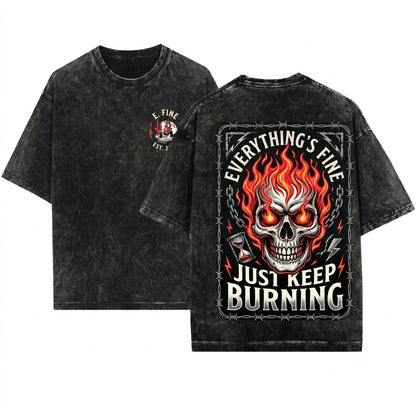 Everything Fine Cropped Boxy Top Retro Grunge Skull Fire Boho Hippie Festival Unisex Wash T-Shirt